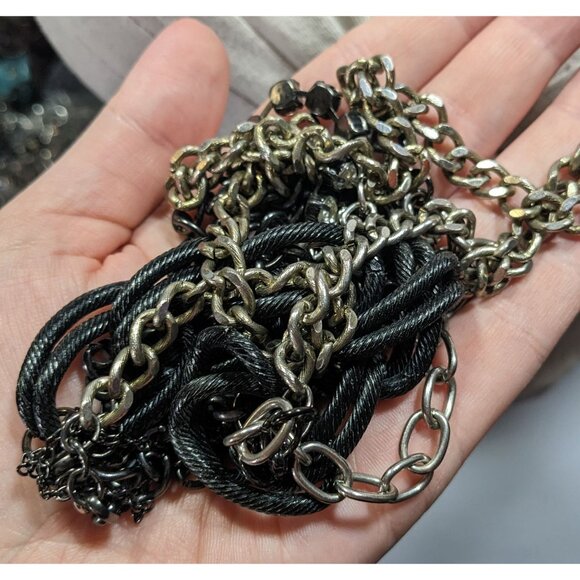 Glam Goth Black And Silver Tone Abstract Chain Necklace With Rhinestone Accents - Picture 4 of 5